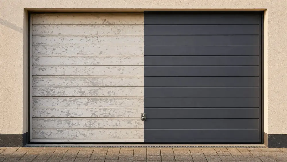 Before and after: Garage Door resprayed Anthracite RAL 7016, Uckfield