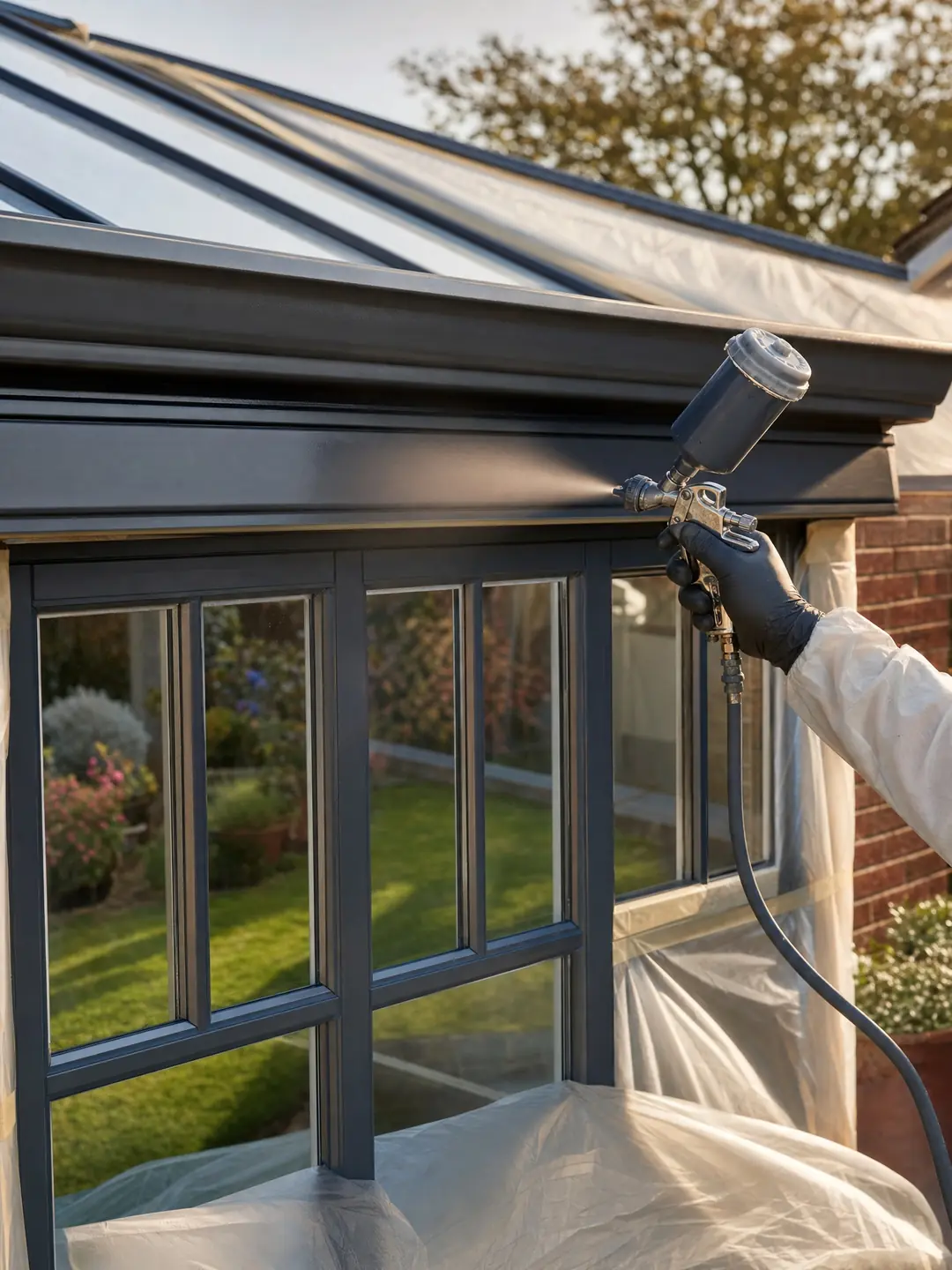 Spraying conservatories in progress with an HVLP gun