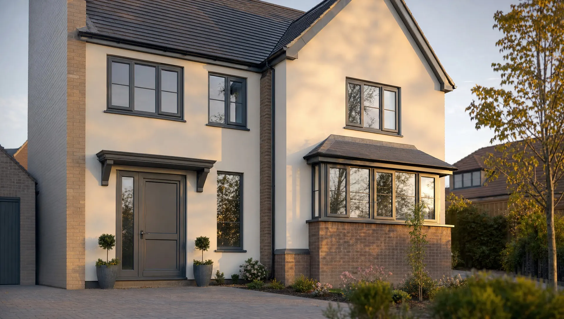 A South East home with freshly sprayed anthracite windows and door in warm evening light