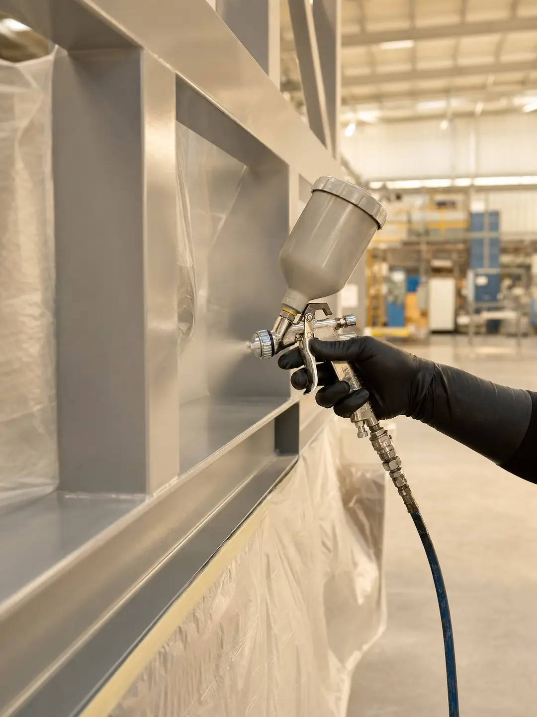 Spraying industrial in progress with an HVLP gun