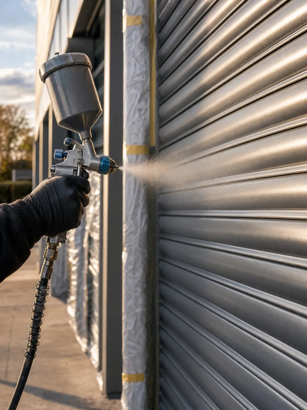 Spraying roller shutters in progress with an HVLP gun