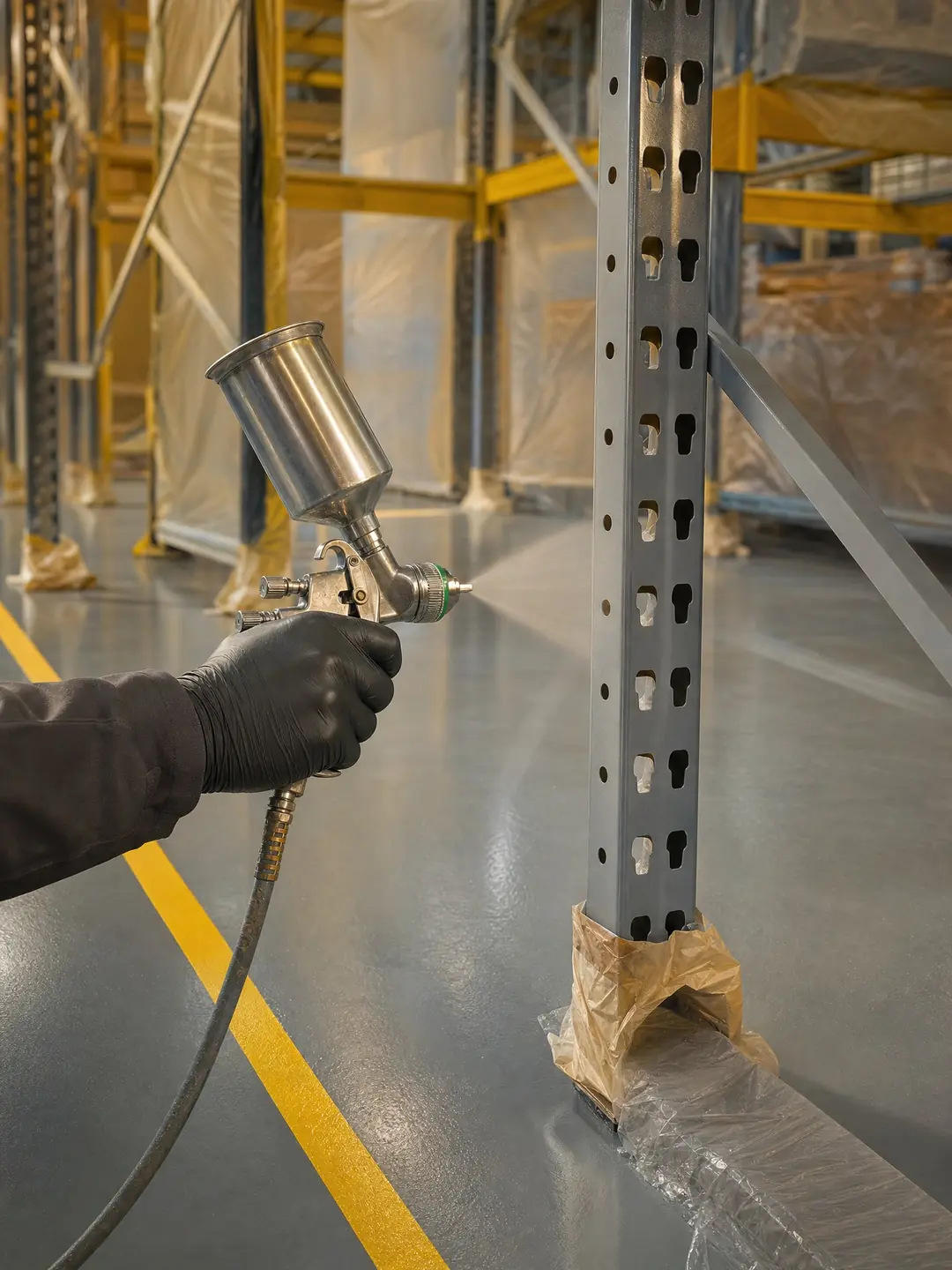 Spraying warehouse in progress with an HVLP gun